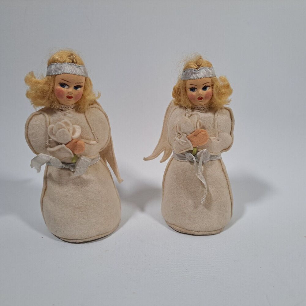 Lot 2 VTG 1950's Handmade Felt Christmas Angel Doll Side Eye Blonde 5"